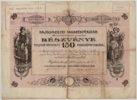 Hajdúszoboszló 1926. "Hajdú Megyei Takarékpénztár" részvény 150P-ről, szelvényekkel, szárazpecséttel, felülbélyegzéssekkel T:III- szakadás