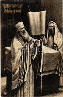 Boldog új évet! / Jewish New Year greeting art postcard with Hebrew text, rabbis (Rb)