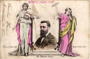1860-1904 Herzl Tivadar, a cionizmus megalapítója. Héber feliratos gyászlap / Theodor Herzl, father of modern political Zionism. Hebrew obituary card (fl)