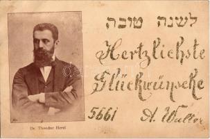 1900 Herzl Tivadar, a cionizmus megalapítója. Arthur Walter üdvözlőlapja héber nyelvű szöveggel / Dr. Theodor Herzl, father of modern political Zionism. Hebrew decorated text (fl)