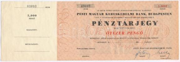 ~1926-1945. Pesti Magyar Kereskedelmi Bank pénztárjegy 5000P-ről, kitöltetlen, hajtatlan, vízjeles papíron T:II