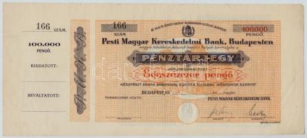~1926-1945. Pesti Magyar Kereskedelmi Bank pénztárjegy 100.000P-ről, kitöltetlen, hajtatlan, vízjeles papíron, alacsony 166 sorszámmal T:III