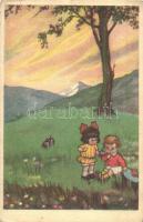 6 db régi grafikai motívumlap: gyerekek, szignált művészlapok / 6 pre-1945 graphic motive cards: children, signed art postcards