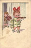 6 db régi grafikai motívumlap: gyerekek, szignált művészlapok / 6 pre-1945 graphic motive cards: chi...