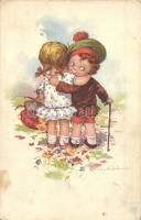 6 db régi grafikai motívumlap: gyerekek, szignált művészlapok / 6 pre-1945 graphic motive cards: chi...