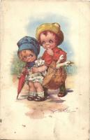6 db régi grafikai motívumlap: gyerekek, szignált művészlapok / 6 pre-1945 graphic motive cards: chi...