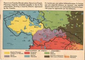 Nincs csehszlovák nemzet, nincs csehszlovák többség, teljes egyenjogúság illeti a csehek által eddig elnyomott többséget alkotó nemzetiségeket. A Magyar Nemzeti Szövetség kiadása / Anti-Czechoslovakian propaganda, irredenta map (EB)