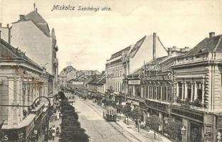 1915 Miskolc, Széchenyi utca, Szántó Mór és Társa ruha háza, Neumann M., Kerekes Miklós, Rosenberg Testvérek üzlete, villamos. Kiadja Ferenczi B. 62.