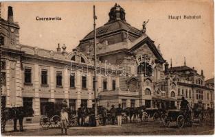 Chernivtsi, Czernowitz, Cernauti; Hauptbahnhof / railway station with chariots