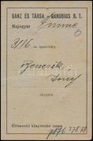 1918 Ganz és Társa - Danubius Rt. Hajógyár által kiállított fényképes igazolvány