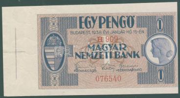 1938. 1P baloldali ívszél illesztőkereszttel (elől és hátul) + színpróbával T:I ívszélen gyári gyűrődésekkel