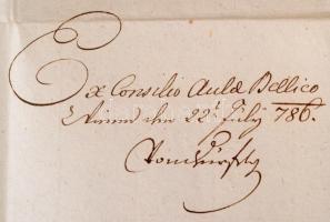 1786 Karlstadt graf Karl von Caramelli tábornok saját kézzel aláírt levele háborús ügyben / Autograp...