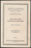 1931-1933 Budapesti Zsolnay-féle Porcellán-Fayencegyár Részvénytársaság árjegyzéke falburkolólemezek...