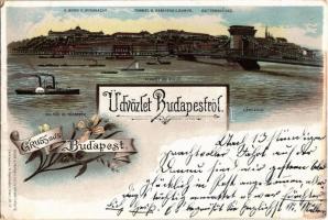 1895 (Vorläufer!) Budapest, Királyi vár ás várbazár, alagút és vársikló, Lánchíd. Louis Glaser floral litho (kis szakadás / small tear)