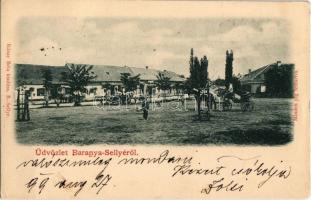 1899 Sellye, Baranya-Sellye; Fő tér, üzletek és lovaskocsik. Rónai Béla kiadása