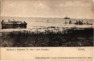 Siófok, Halászat a Balatonon IV. rész. A háló behúzása. kiadja Ellinger Ede fényképész (EK)