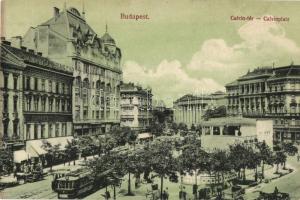 Budapest VIII. Kálvin (Calvin) tér, 35-ös és 7-es villamosok, Takarékpénztár, az egykori Báthory Kávéház a Kecskeméti utca és Múzeum körút sarkán, Neuman László üzlete, Gyógyszertár