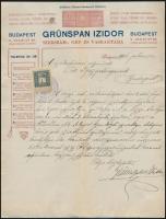 1904 Bp., Grünspan Izidor Szerszám-, Gép- és Vasraktára fejléces levélpapírjára írt levél, okmánybélyeggel