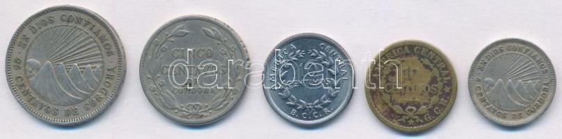 Vegyes: Costa Rica 1921. 10c sárgaréz + 1953. 10c rozsdamentes acél + Nicaragua 1940. 5c Cu-Ni + 194...