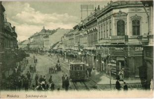 Miskolc, Széchenyi utca, villamos, Rosenberg Gyula szőnyegáruháza és fióküzlete. Ferenczi B. kiadása