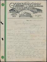 1932 Újpest, Gyurcsó György Faáru és Bútorgyára díszes fejléces levélpapírjára írt levél, rajta a gyár látképével