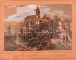 Ludwig Rohbock (1820-1883): Szent-benedeki templom / Kirche zu St. Benedek, színezett acélmetszet, papír, foltos, paszpartuban, üvegezett fa keretben, 13×17 cm