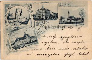 1898 (Vorläufer!) Miskolc, Minorita és görög templom, Városi bérház, Erzsébet fürdő. Gedeon és Társa kiadása. Art Nouveau, floral (EK)