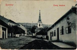 1911 Svedlér, Svedlár; Evangélikus templom, utca. W.L. Bp. 2717. Kiadja Ifj. Langermann Mihály / church, street view (EK)