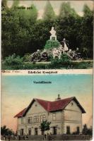 1915 Komját, Komjatice; Erzsébet park és szobor főurakkal és pappal, vasútállomás / Bahnhof / railway station, Sisi statue