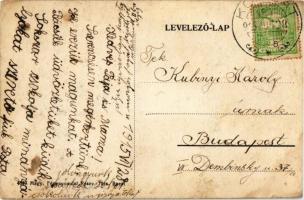 1915 Komját, Komjatice; Erzsébet park és szobor főurakkal és pappal, vasútállomás / Bahnhof / railwa...