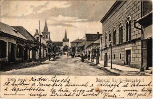1907 Bánffyhunyad, Huedin; Király utca, református templom. Fehér Márton kiadása / street view with Calvinist church (fa)