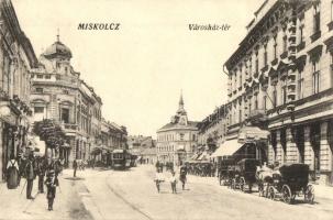 Miskolc, Városház tér, villamos, Korona szálloda és kávéház, üzletek, fiákerek