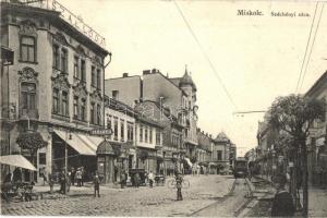 1915 Miskolc, Széchenyi utca, Pannonia szálloda és kávéház, Dr. Baruch Sándor gyógyszertára, kerékpáros, villamos, Apollo színház (mozi) (EK)
