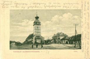 1915 Sajószentpéter, Fő tér, Református templom, Városháza. W. L. Bp. 409. Kiadja Waldmann Jenő (EK)