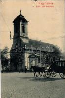 1909 Nagykikinda, Kikinda; Római katolikus templom, lovashintó. W.L. Bp. 618. / street view with chariot