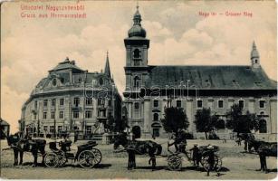 Nagyszeben, Hermannstadt, Sibiu; Nagy tér, lovaskocsik, templom. W.L. 69. Kiadja Budovszky L. / square, horse carts, church (EK)