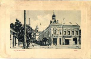 Szamosújvár, Gherla; Fő tér, Sahin Kristóf üzlete, Royal kávéház, templom, létra. W. L. Bp. 7036. / main square, shops, café, church, ladder (r)