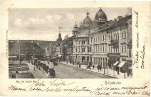 1904 Kolozsvár, Cluj; Mátyás király tér, üzletek. Kováts P. Fiai 156. sz. / square, shops (EK)