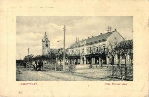 1912 Zsombolya, Hatzfeld, Jimbolia; Deák Ferenc utca, Római katolikus templom, üzlet. W. L. Bp. 6652. / street view, Catholic church, shops