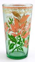 Díszes, festett üveg pohár, kopásokkal, d: 7,5 cm