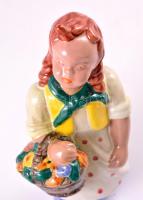 Ráhmer lány virágcsokorral, festett mázas kerámia, jelzés nélkül, apró kopásokkal, m: 23,5 cm