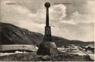 Zajkány, Zeicani; Hunyadi emlékoszlop télen (1992-ben  ledöntötték és ellopták). Adler fényirda 1911. / Iron mace monument in winter (demolished and stolen in 1992)