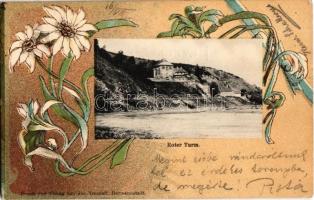 1901 Vöröstoronyi-szoros, Roter-Turm-Pass, Pasul Turnu Rosu; Vöröstorony vára / Turnu Rosu castle. Jos. Drotleff Art Nouveau, floral, litho