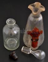 Díszes kiöntő dugóval + "benzin" feliratú üvegcsek, kis kopásokkal, apró csorbákkal, külön...