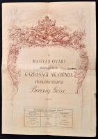1885 Mosonmagyaróvár, A magyar-óvári magyar királyi gazdasági akadémia végbizonyítványa, hátoldalon ragasztott