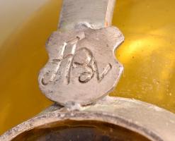 Antik fújt kancsó, ón szerelékkel és tetővel, jelzés nélkül, csorba nélkül, m: 28 cm