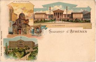 1899 (Vorläufer!) Athens, Athénes; St. Eleutherius, Palais Royale, LAcademie. Pallis & Cotzias litho (EK)