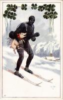 New Year greeting art postcard. Chimney sweeper skiing with pig. Clovers. B.K.W.I. Nr. 3181-1. litho