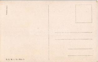 New Year greeting art postcard. Chimney sweeper skiing with pig. Clovers. B.K.W.I. Nr. 3181-1. litho