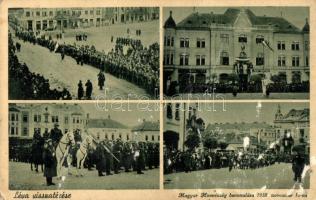 1938 Léva, Levice; bevonulás, Horthy Miklós, Éljen Nagy-Magyarország, éljen Horthy! irredenta felirat a városháza homlokzatán / entry of the Hungarian troops, irredenta text on the facade of the town hall (felületi sérülés / surface damage)